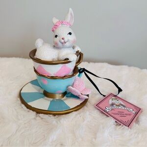 Cute Easter Bunny w Bow In Two Tea Cups w Butterfly NEW Pastel Decor